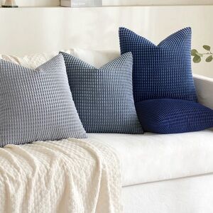 Waffle Knit Decorative Throw Pillows Covers Blue & Gray Set